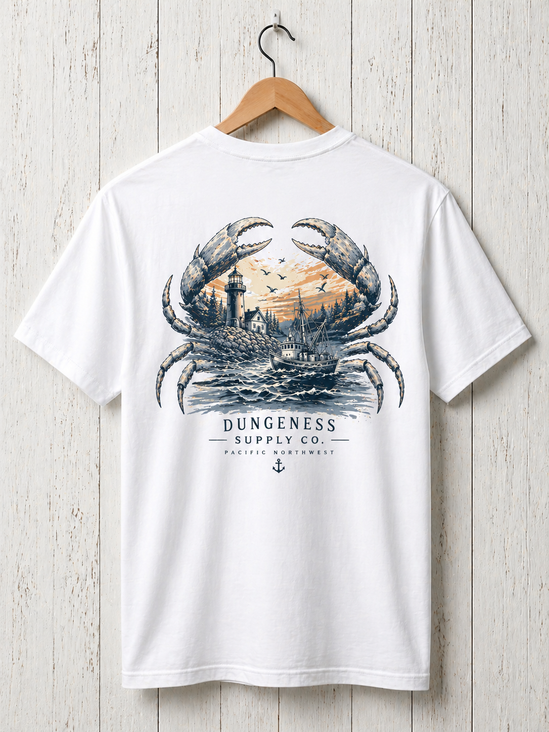 White heritage tee with engraved crab + Pacific Northwest landscape illustration on the back
