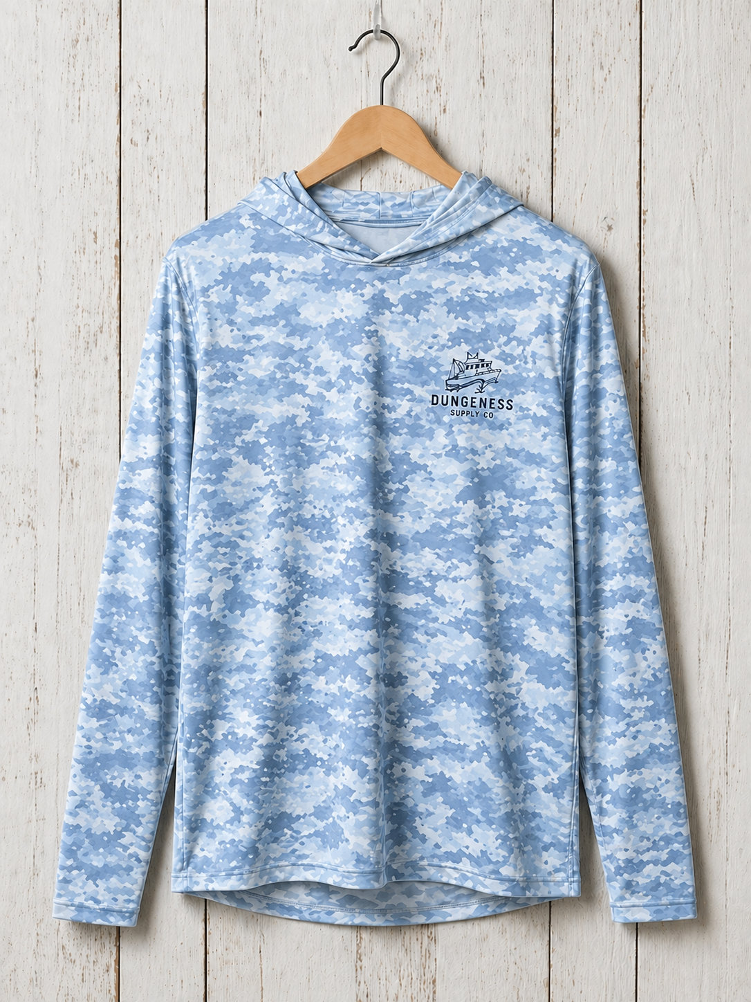 Light blue digital camo hoodie with embroidered Dungeness Supply Co. chest logo